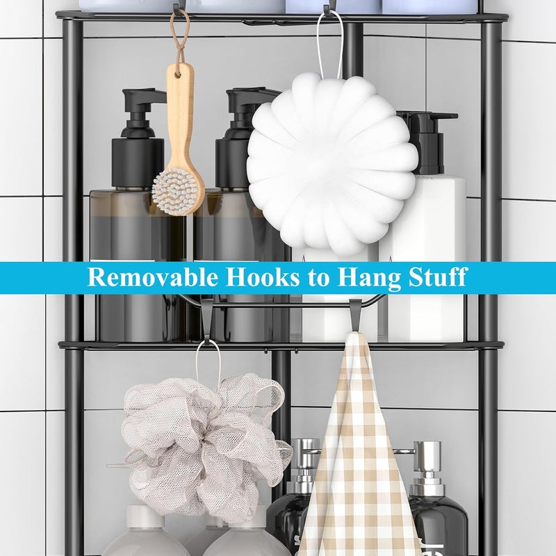 HuggieGems 3 Tier Floor Standing Corner Shower Caddy Organizer Shelf with Hooks, Bathroom Shelves Stand Rack, Black - Image 4